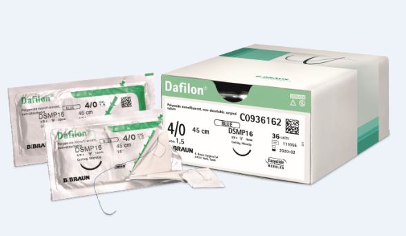 DAFILON синій, розмір USP 5/0 (1) довжина 45см зворотно-ріжуча голка з мікрозаточкою вістря голки, 3/8 кола, довжина (мм) 11, пакування DDP